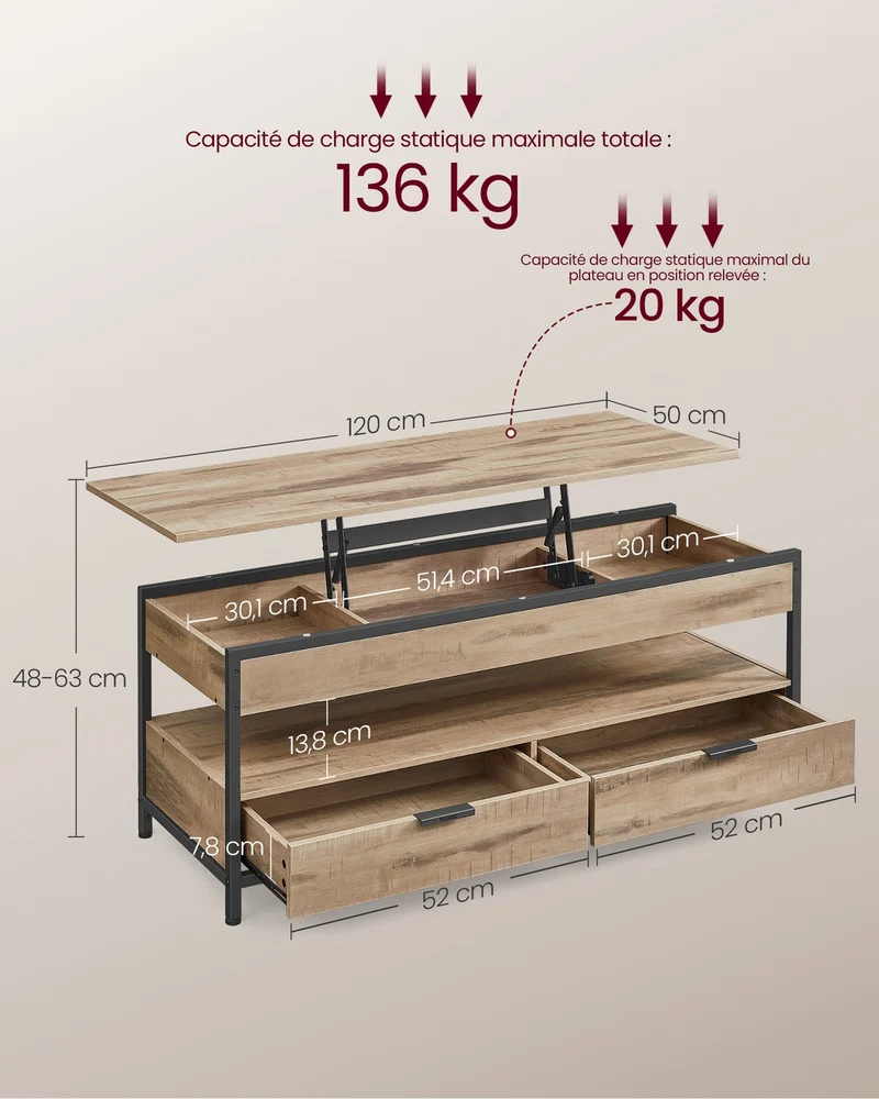 Table basse rectangulaire avec plateau relevable rangement salon 50 x 120 x 48-63 cm en panneau d'aggloméré marron 12_0011718