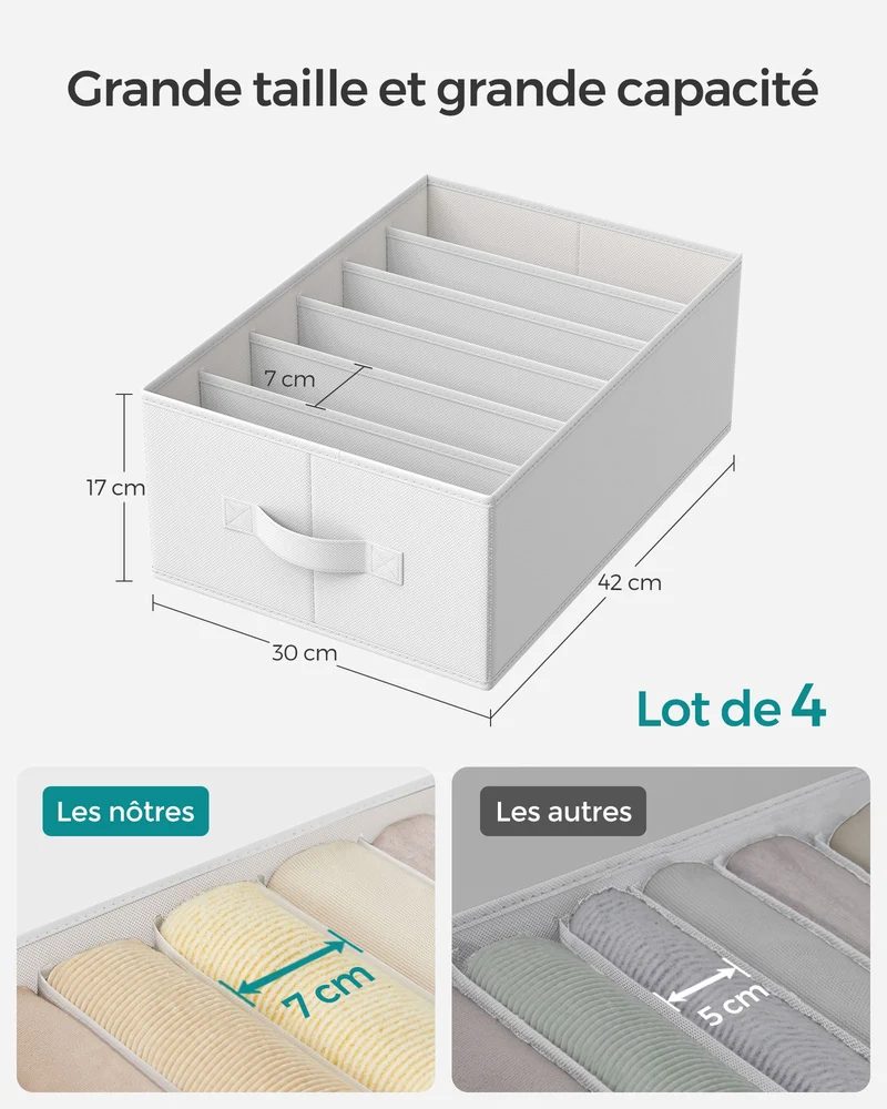 Lot de 4 organisateurs à 6 compartiments rangement vêtements 42 x 30 x 17 cm en tissu non-tissé blanc 12_0011448