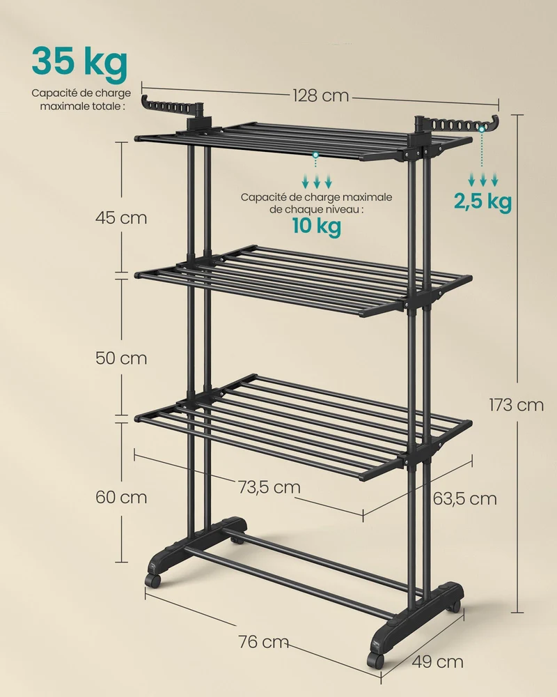 Séchoir à linge mobile pliable grande capacité 63,5 x 128 x 173 cm pratique intérieur extérieur en acier noir 12_0010915