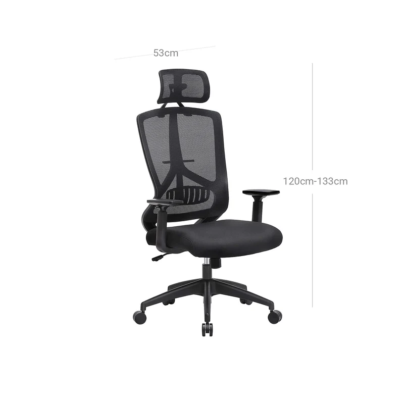 Fauteuil de bureau ergonomique réglable avec appui-tête et accoudoirs 53 x 52 x 120-133 cm en tissu noir 12_0009632