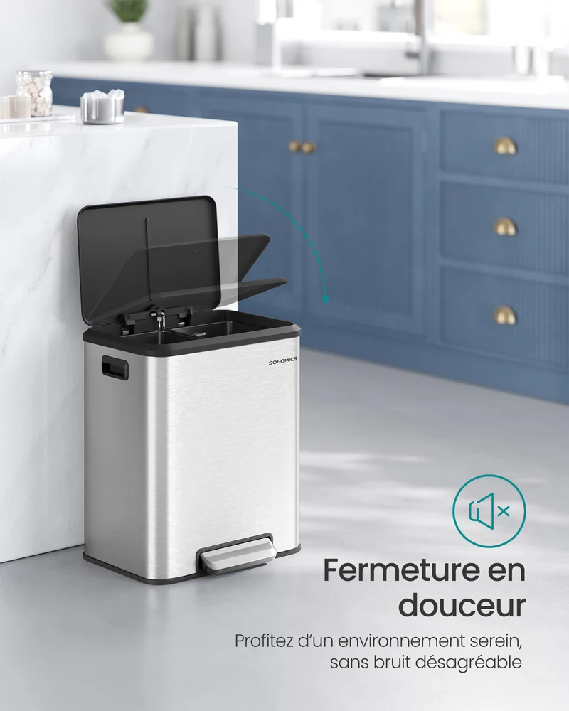 Poubelle de cuisine double recyclage 41,7 x 33,2 x 49,4 cm avec pédale ergonomique design moderne en acier argent 12_0011991