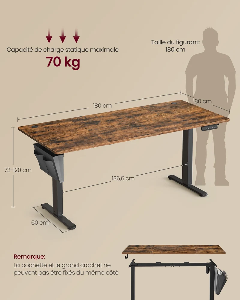 Bureau réglable en hauteur assis-debout 80 x 180 x 72-120 cm 4 hauteurs mémorisables ambiance cosy en aggloméré marron rustique 12_0011820