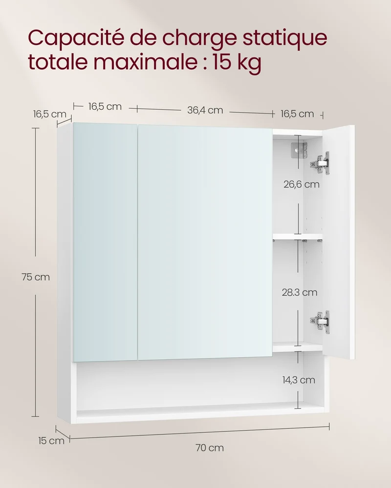 Armoire de salle de bain murale avec étagères réglables 16,5 x 70 x 75 cm design moderne en aggloméré blanc 12_0011588