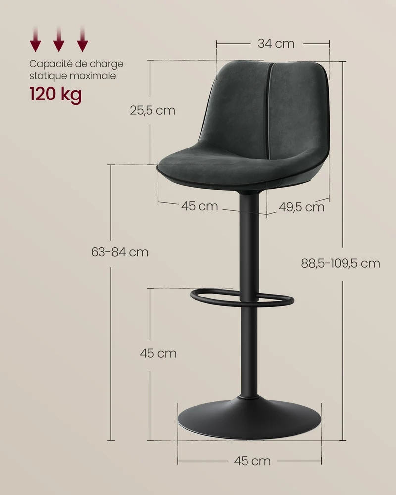 Lot de 2 tabourets de bar pivotants réglables hauteur 49,5 x 45 x 88,5-109,5 cm assise ergonomique style moderne en velours gris anthracite 12_0012977