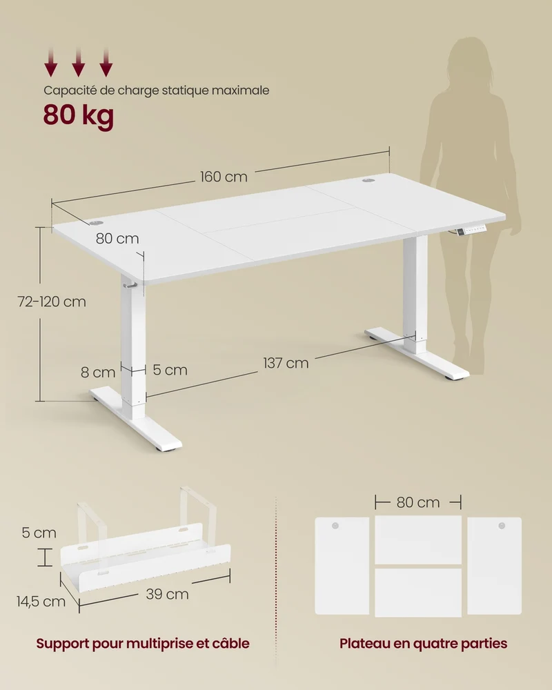 Bureau électrique réglable en hauteur 160 x 80 cm fonction mémoire 3 hauteurs avec port USB-C style rustique en aggloméré blanc 12_0012796