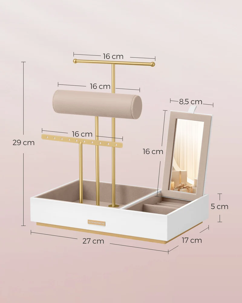 Porte-bijoux organisateur élégant 17 x 27 x 29 cm finition dorée ambiance déco moderne en MDF blanc 12_0011833