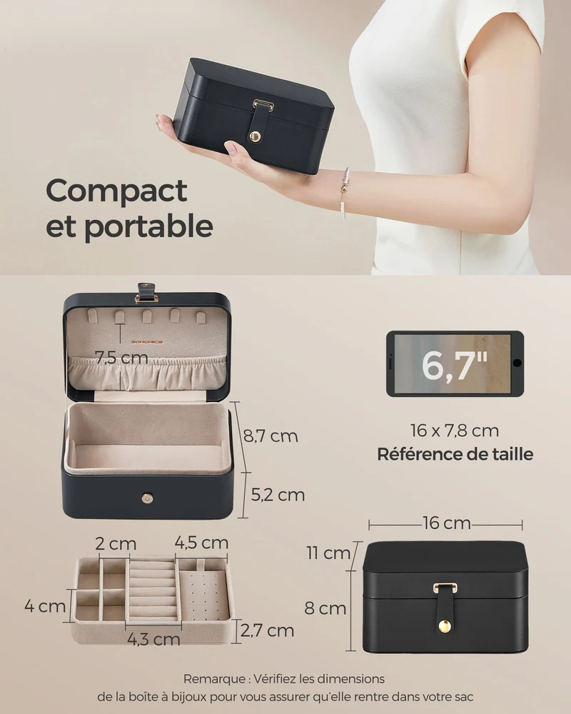 Boîte à bijoux de voyage rangement portable 11 x 16 x 8 cm 2 niveaux design épuré en plastique noir 12_0011487