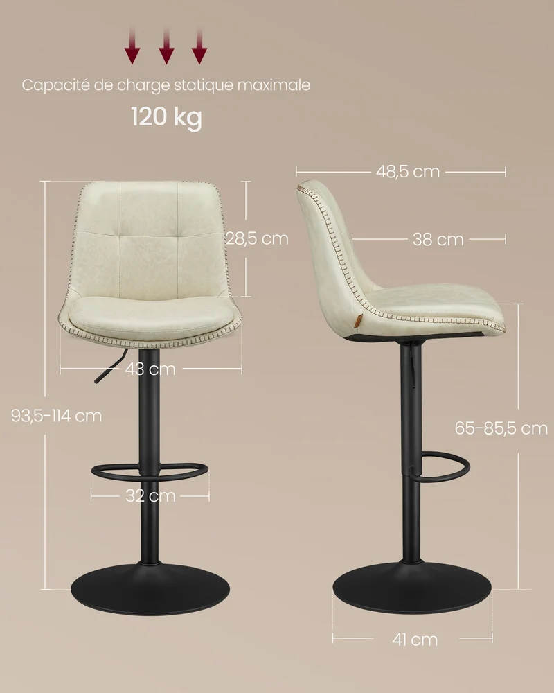 Lot de 2 tabourets de bar réglables hauteur 44 x 47 x 93-114 cm assise ergonomique style moderne en acier blanc crème 12_0011384