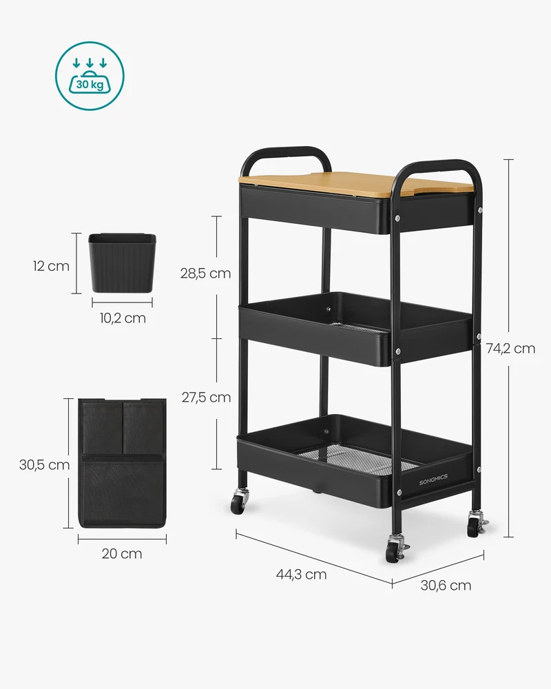 Chariot de rangement à 3 niveaux mobile 30,6 x 44,3 x 74,2 cm avec table supérieure style moderne en acier noir 12_0011059