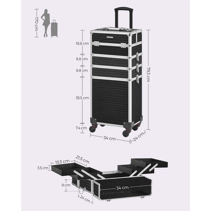 Valise de maquillage professionnelle avec roulettes 34 x 24 x 79,3 cm verrouillable pratique design moderne en aluminium noir 12_0010880