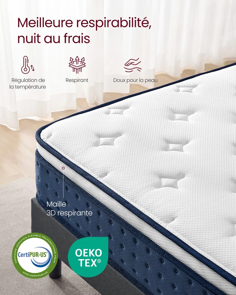 Matelas simple 90 x 190 x 20 cm soutien mi-ferme 7 zones confort optimal finition respirante en mousse bleu 12_0012766