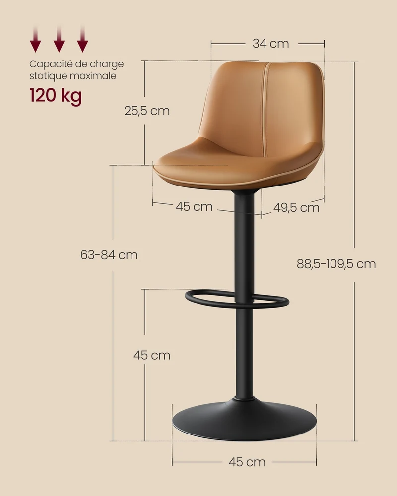 Lot de 2 tabourets de bar réglables en hauteur ergonomiques 49,5 x 45 x 109,5 cm style moderne pour îlot de cuisine en acier marron caramel 12_0012570