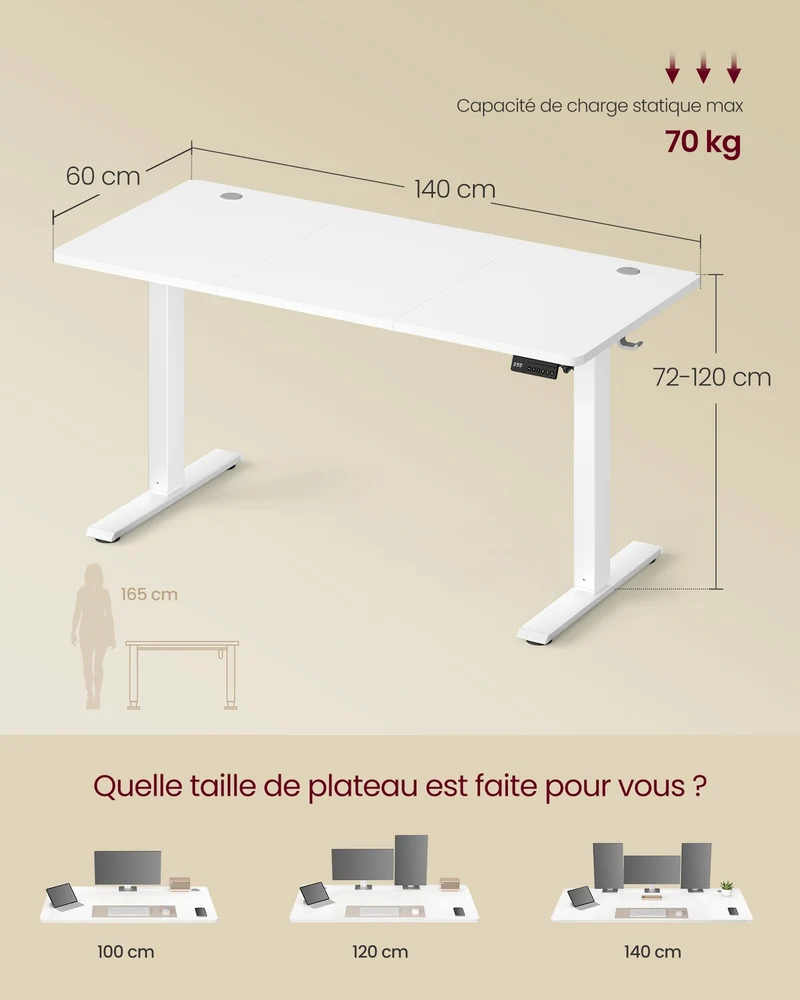 Bureau assis-debout réglable en hauteur 140 x 60 cm fonction mémoire 4 hauteurs style moderne en panneau d'aggloméré blanc 12_0012384