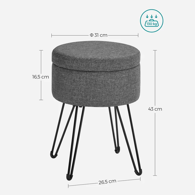 Tabouret de rangement multifonction salon 31 x 43 cm assise confortable design contemporain en tissu gris foncé 12_0010599