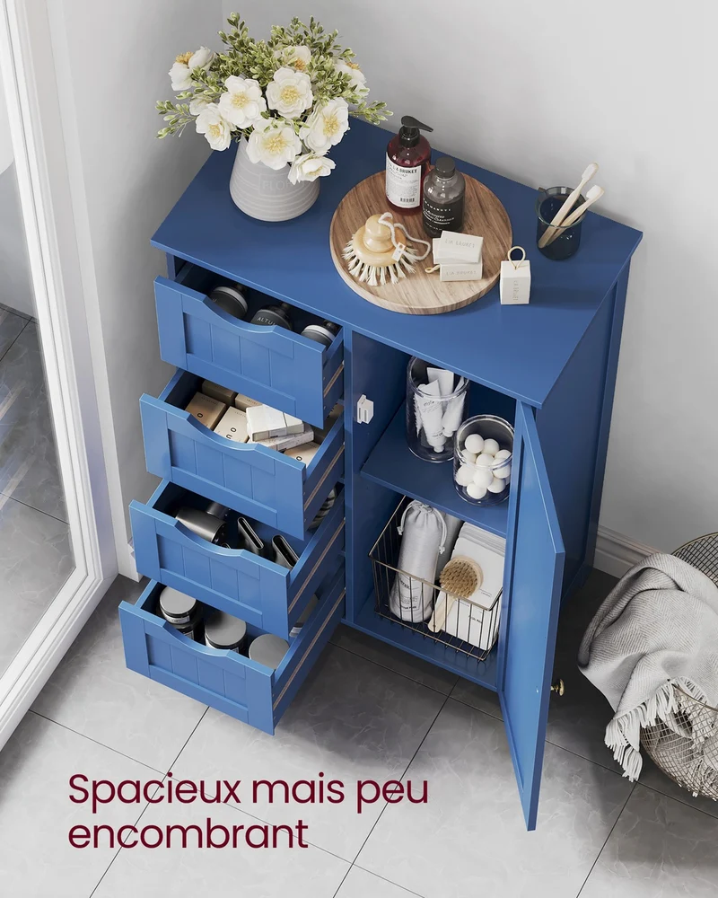 Meuble de salle de bain sur pied avec 4 tiroirs et étagère réglable 30 x 55 x 82 cm style moderne en MDF bleu baie