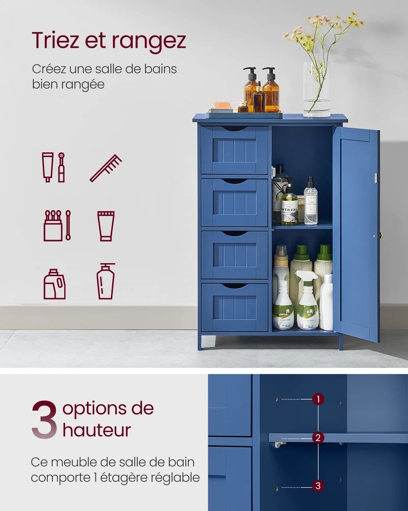 Meuble de salle de bain sur pied avec 4 tiroirs et étagère réglable 30 x 55 x 82 cm style moderne en MDF bleu baie