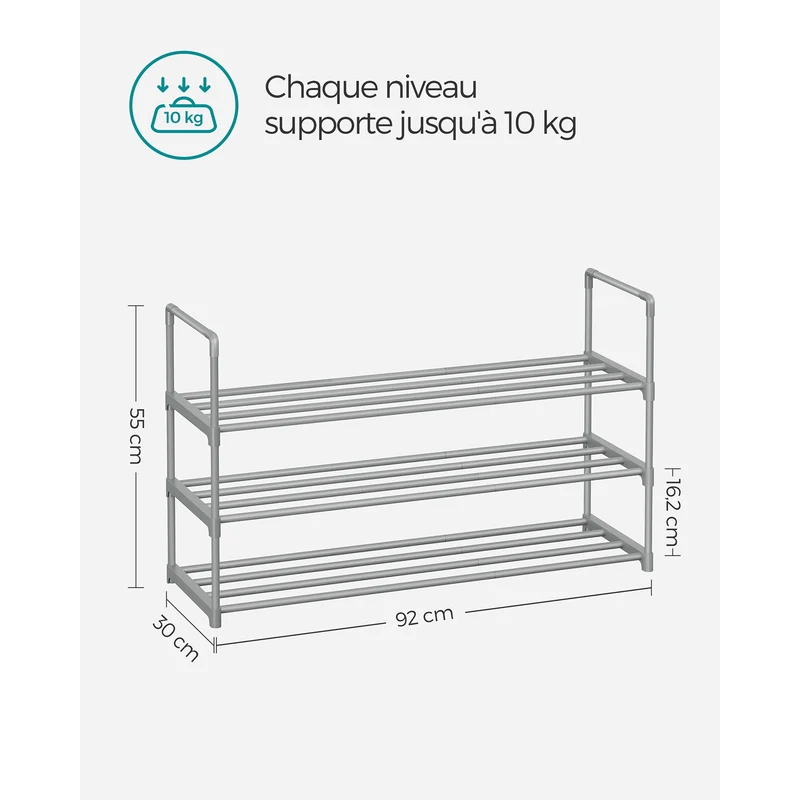 Étagère à chaussures design épuré 30 x 92 x 55 cm peu encombrante pour entrée salon chambre en métal gris 12_0009163