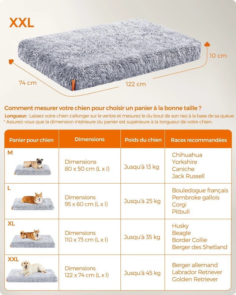 Panier pour chien en tissu peluche confortable 95 x 60 x 8 cm housse amovible et lavable ambiance cosy en tissu gris 12_0010984