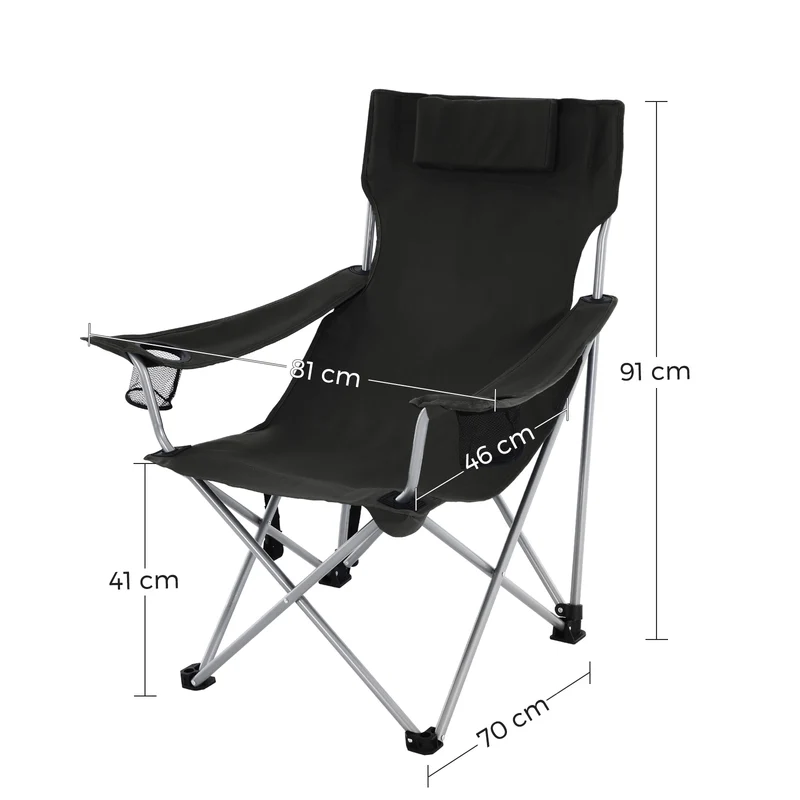 Chaise de camping pliable avec accoudoirs et porte-verres 81 x 70 x 91 cm confort extérieur en fer noir 12_0010022