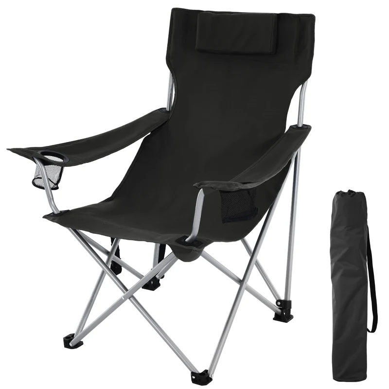 Chaise de camping pliable avec accoudoirs et porte-verres 81 x 70 x 91 cm confort extérieur en fer noir 12_0010022
