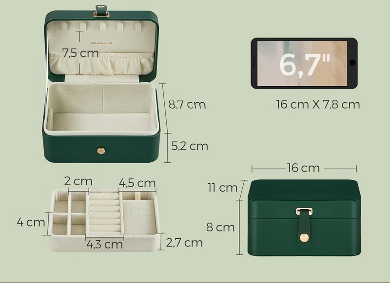 Boîte à bijoux de voyage 11 x 16 x 8 cm finition velours élégante style moderne en plastique vert forêt 12_0012324