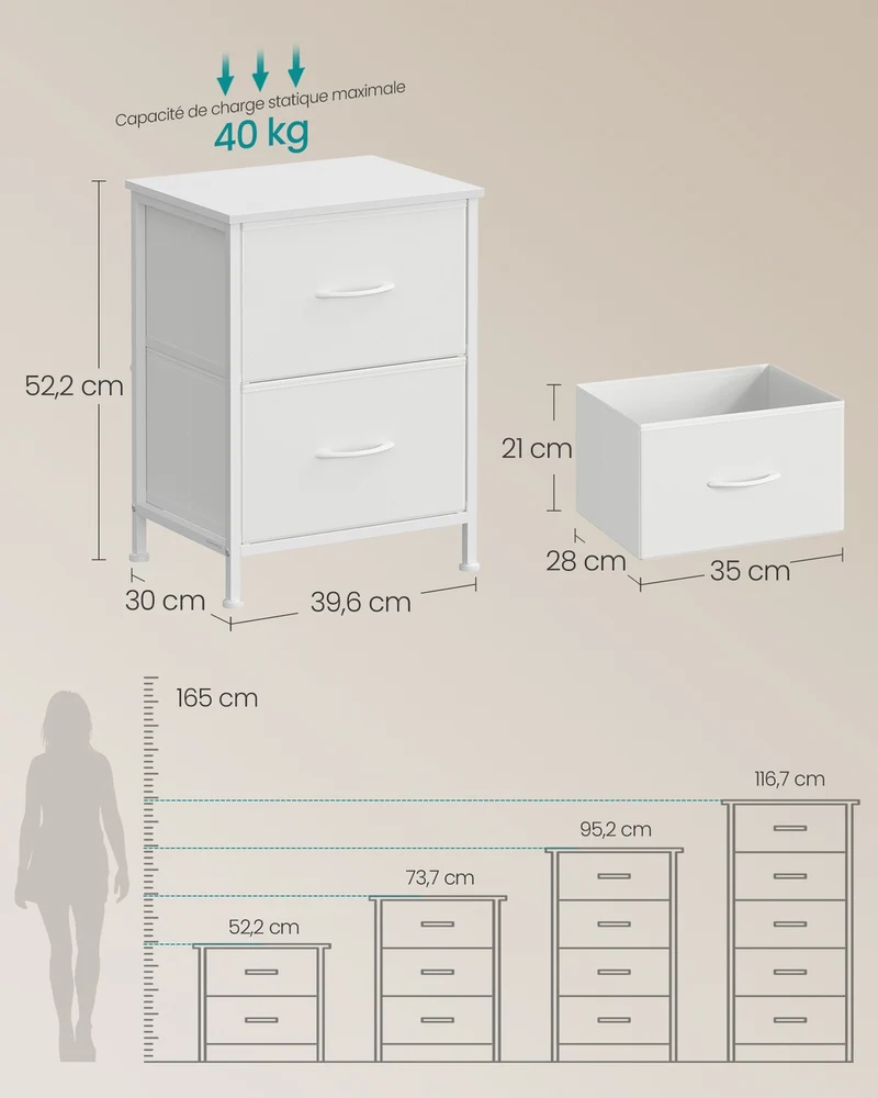 Commode de rangement moderne 30 x 39,6 x 52,2 cm fonctionnelle pour chambre entrée salon en MDF blanc 12_0012247