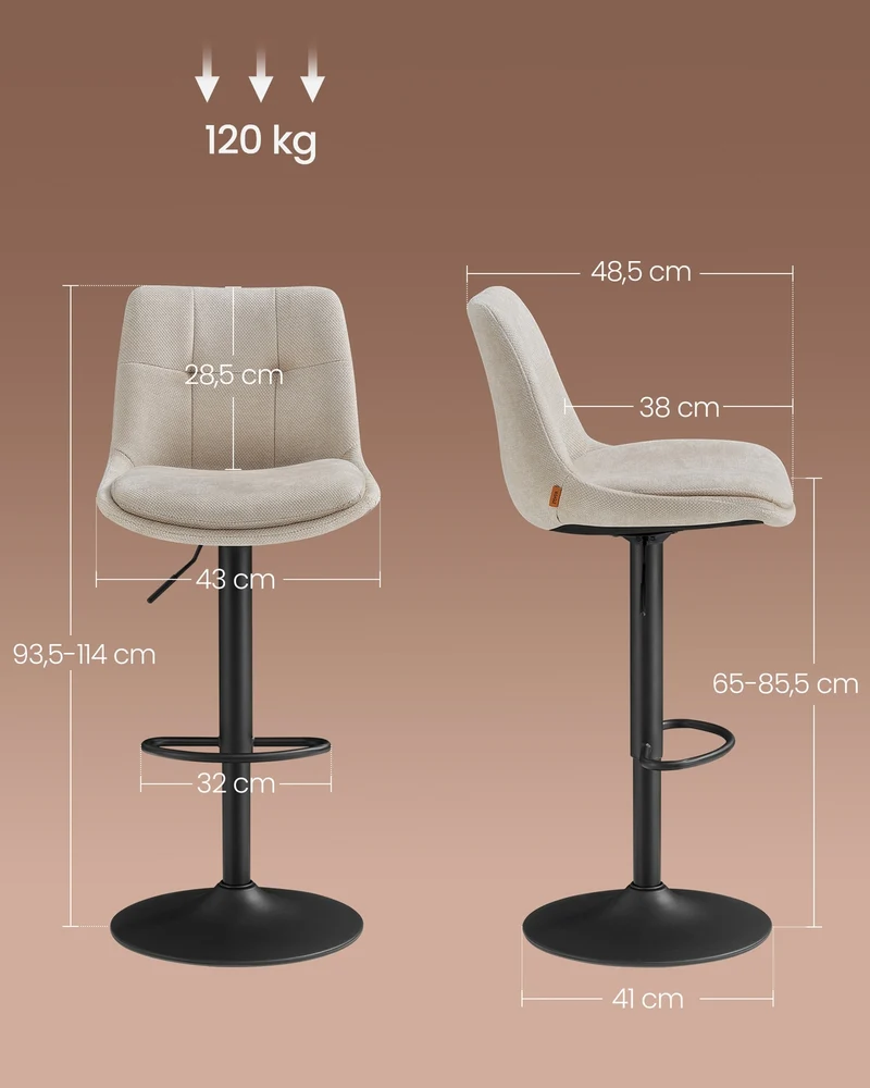Lot de 2 tabourets de bar pivotants hauteur réglable 48.5 x 43 x 93.5-114 cm assise ergonomique design moderne en contreplaqué blanc crème 12_0011501