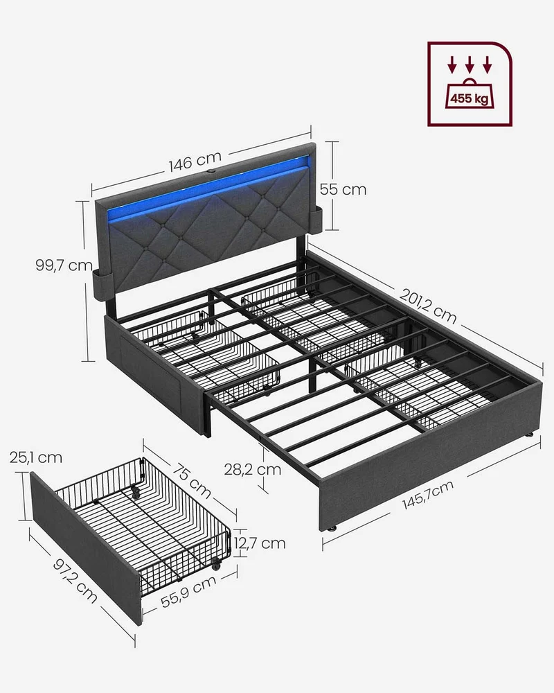 Lit double 167 x 210 cm avec led en métal 4 tiroirs multiprise tête de lit rembourrée ajustable pas besoin de sommier gris ardoise et noir mat 12_0006134