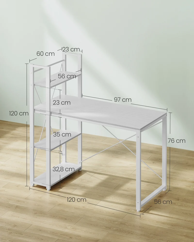Bureau informatique design industriel avec étagères pratique 56 x 120 x 120 cm en aggloméré blanc érable 12_0009071