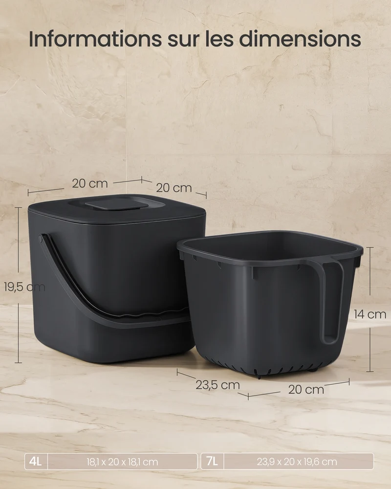 Poubelle compost cuisine 24 x 20 x 19,5 cm avec couvercle anti-odeur design moderne en plastique noir 12_0013206