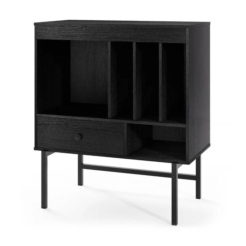 Support pour platine vinyle 71 x 36 x 81 cm avec plusieurs compartiments rangement moderne en bois noir 20_0012158