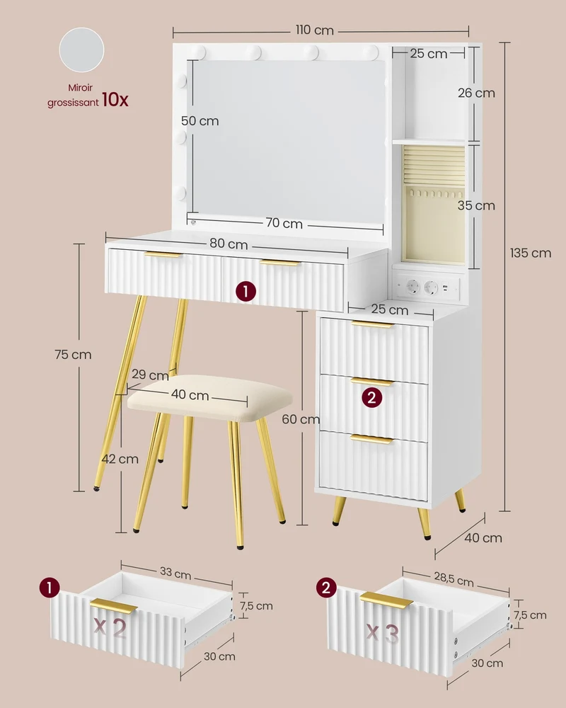 Coiffeuse avec miroir et tabouret table de maquillage 40 x 110 x 135 cm éclairage LED rangement bijou en MDF blanc 12_0012174