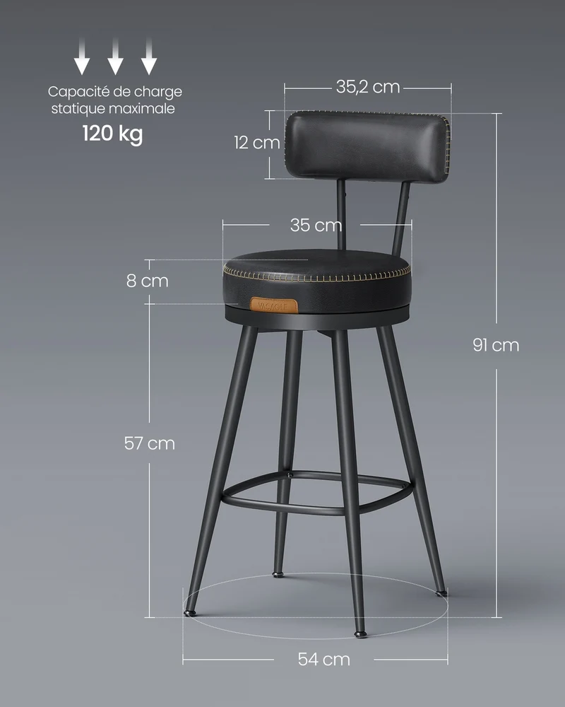 Lot de 2 tabourets de bar design moderne 54 x 54 x 91 cm assise confortable usage cuisine en acier noir 12_0011123