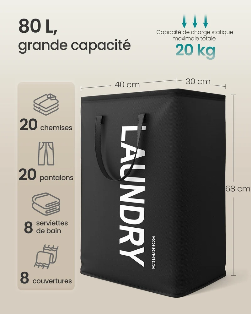 Panier à linge pliable 40 x 30 x 68 cm avec poignées ergonomiques design moderne chambre salle de bain en tissu oxford noir 12_0013075