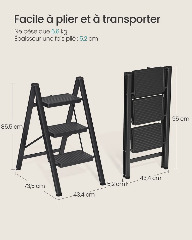 Escabeau pliable 2 marches 55 x 43,4 x 61,8 cm capacité 150 kg design moderne maison en acier noir 12_0012966