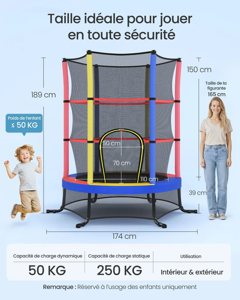 Trampoline rond pour enfants intérieur extérieur 174 x 39 cm avec coussins de sécurité et filet de protection en acier vert 12_0013149