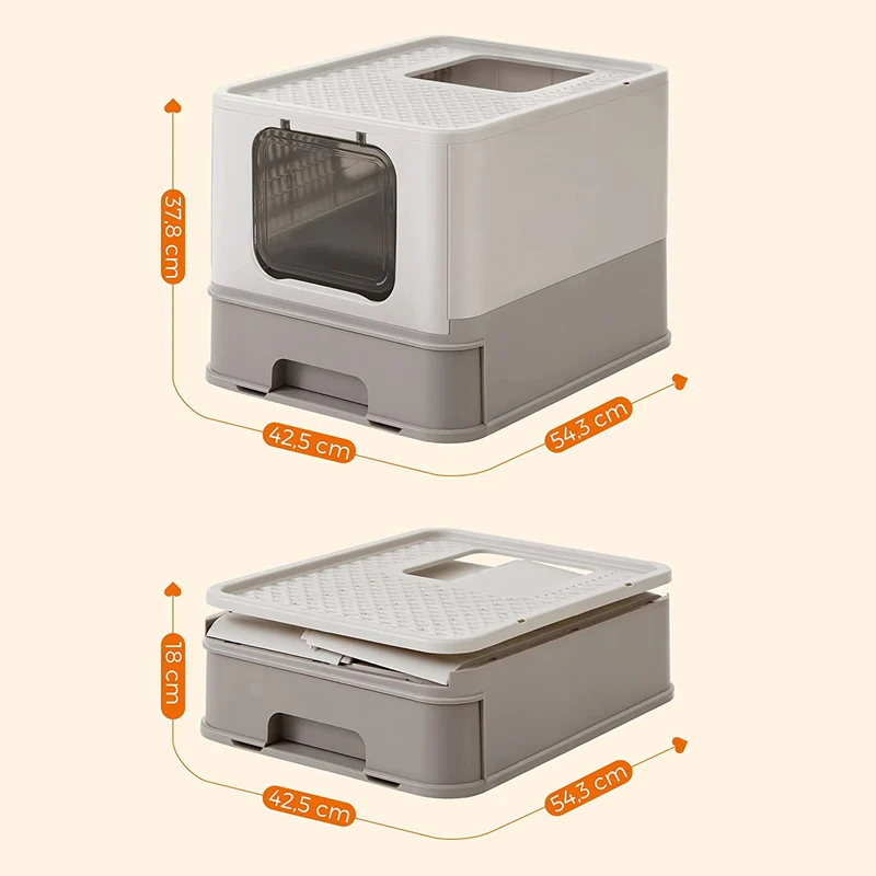 Bac à litière fermé pour chat jusqu'à 15 kg avec pelle anti-fuite 42,5 x 54,3 x 37,8 cm en plastique gris clair 12_0010843