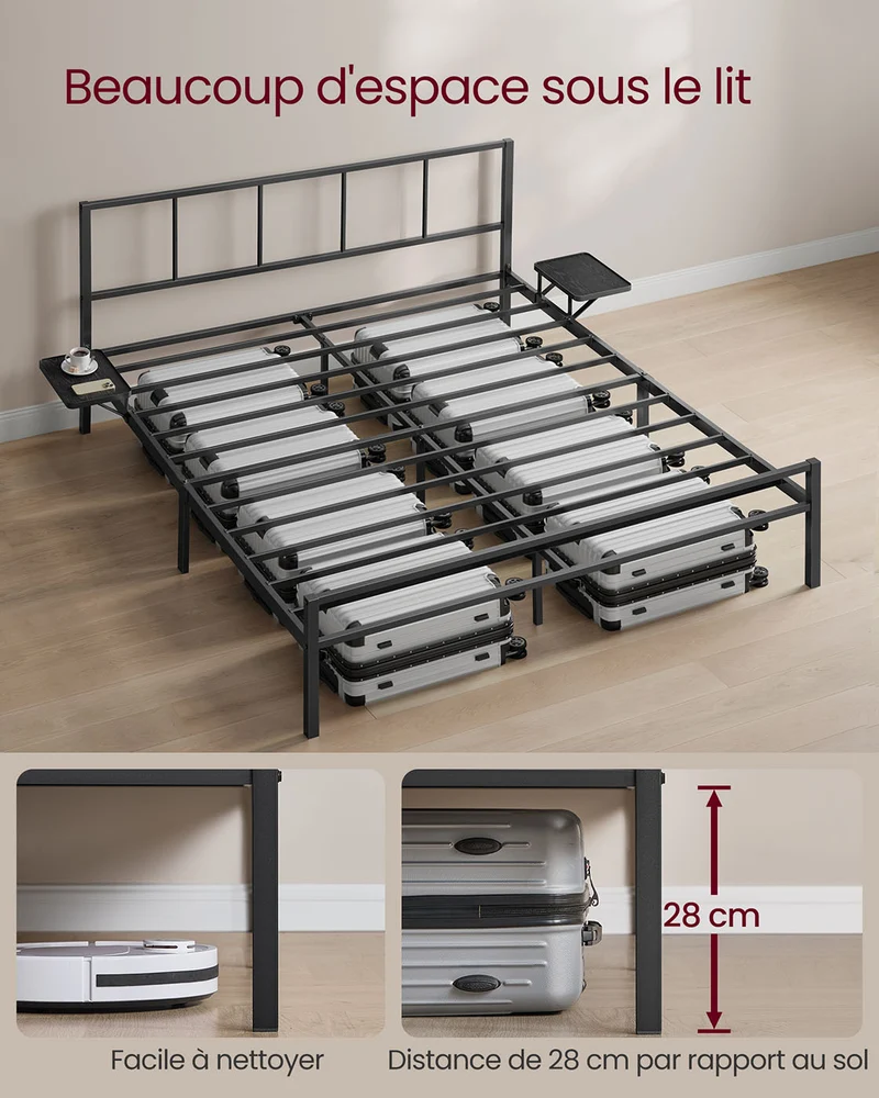 Lit double lit 2 personnes cadre de lit en métal avec étagères de rangement lit adolescent adapté pour matelas 190 x 140 cm montage facile noir classique 12_0006154