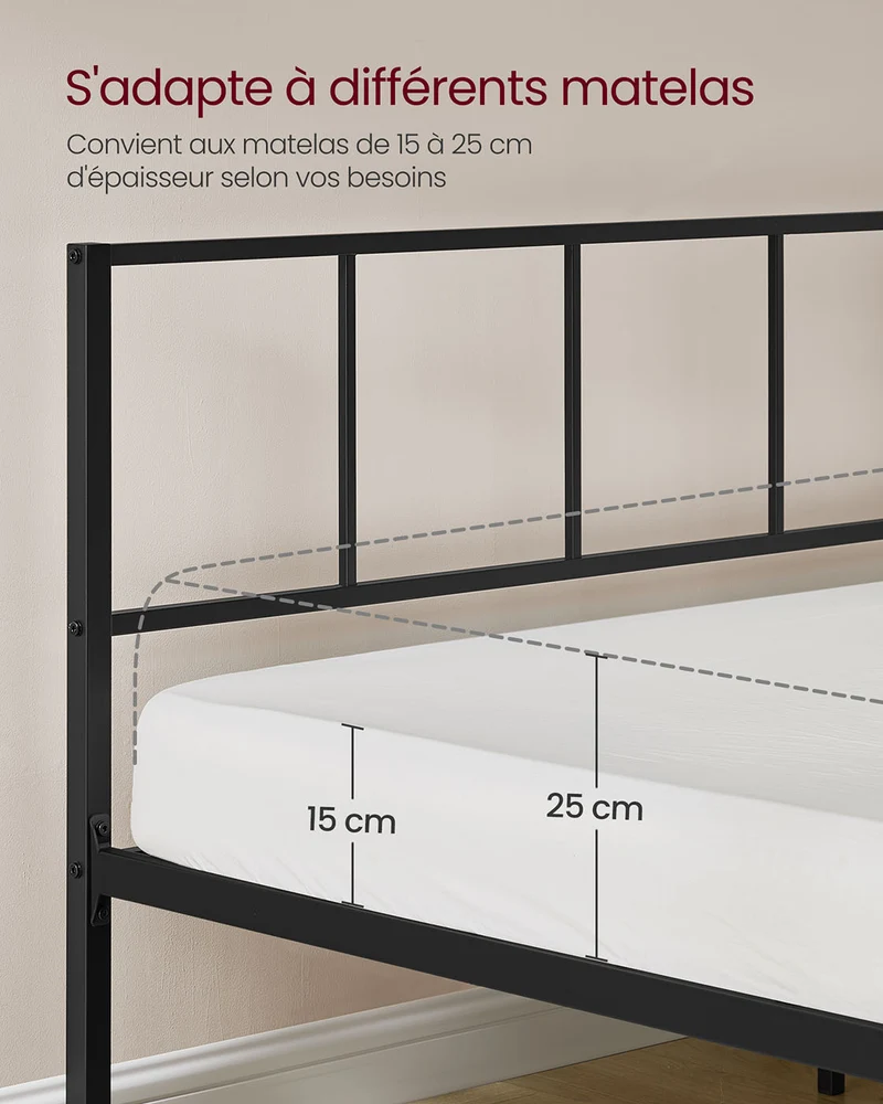Lit double lit 2 personnes cadre de lit en métal avec étagères de rangement lit adolescent adapté pour matelas 190 x 140 cm montage facile noir classique 12_0006154