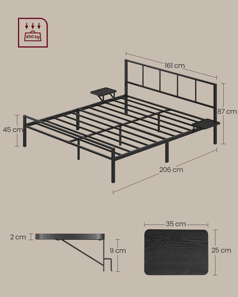 Lit double lit 2 personnes cadre de lit en métal avec étagères de rangement lit adolescent adapté pour matelas 190 x 140 cm montage facile noir classique 12_0006154