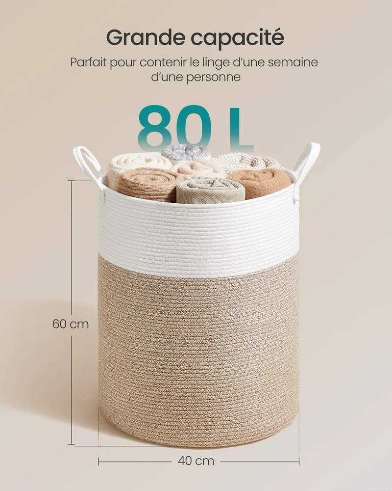 Panier à linge de rangement pour chambre buanderie 40 x 40 x 60 cm capacité 60 L ambiance cosy en corde coton blanc 12_0013052
