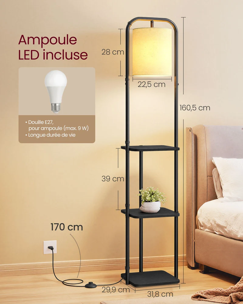 Lampadaire sur pied design moderne avec 3 étagères 29,9 x 31,8 x 160,5 cm en tissu noir 12_0012568