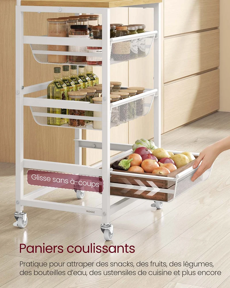Chariot de cuisine sur roulettes pratique avec paniers amovibles 31,7 x 40 x 76 cm en aggloméré doré chêne 12_0012923