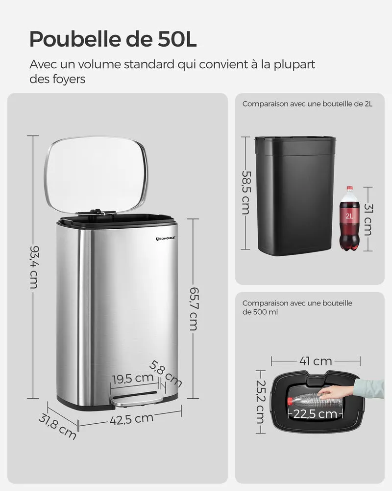 Poubelle de cuisine 50l à pédale avec seau intérieur en plastique couvercle fermeture douce anti-odeur blanc 12_0007185