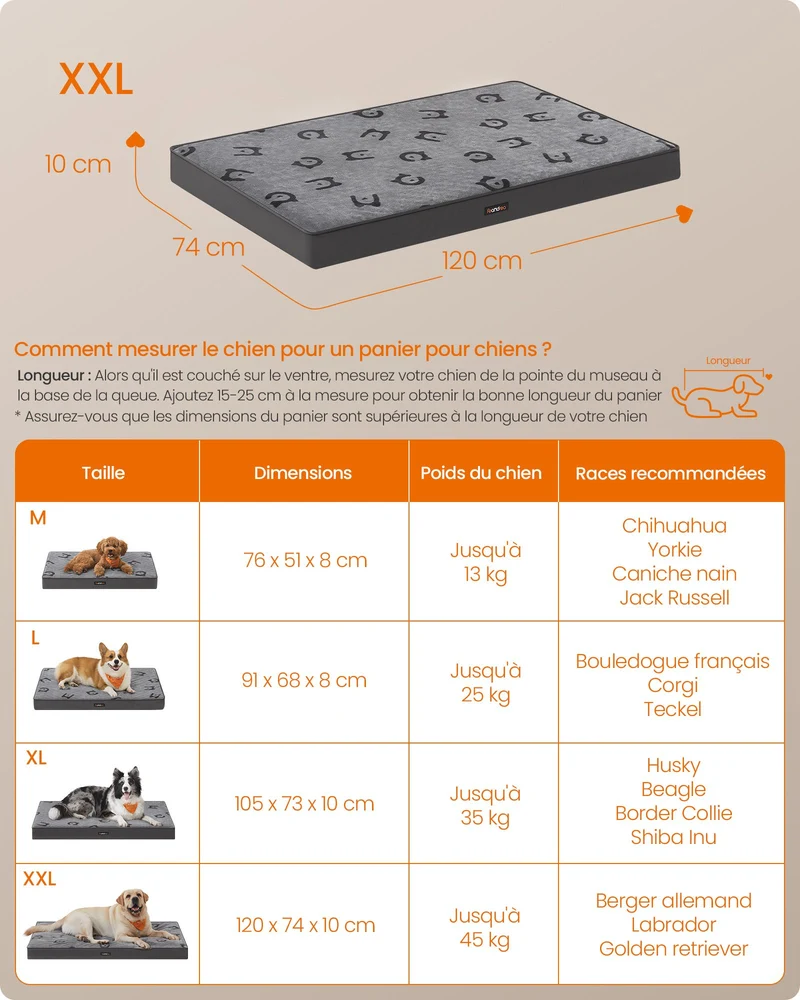 Panier pour chiens coussin pour animaux mousse alvéolée avec poignée déhoussable utilisable des 2 côtés hydrofuge taille m 76 x 51 x 8 cm gris tourterelle 12_0006865