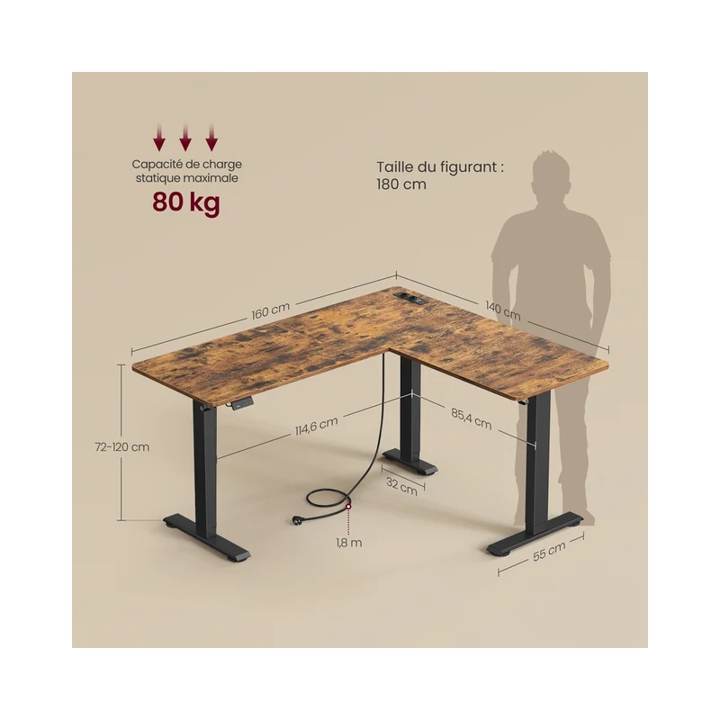 Bureau électrique réglable en hauteur table d’angle ergonomique 140 x 160 cm avec multiprise moderne en aggloméré noir 12_0012640