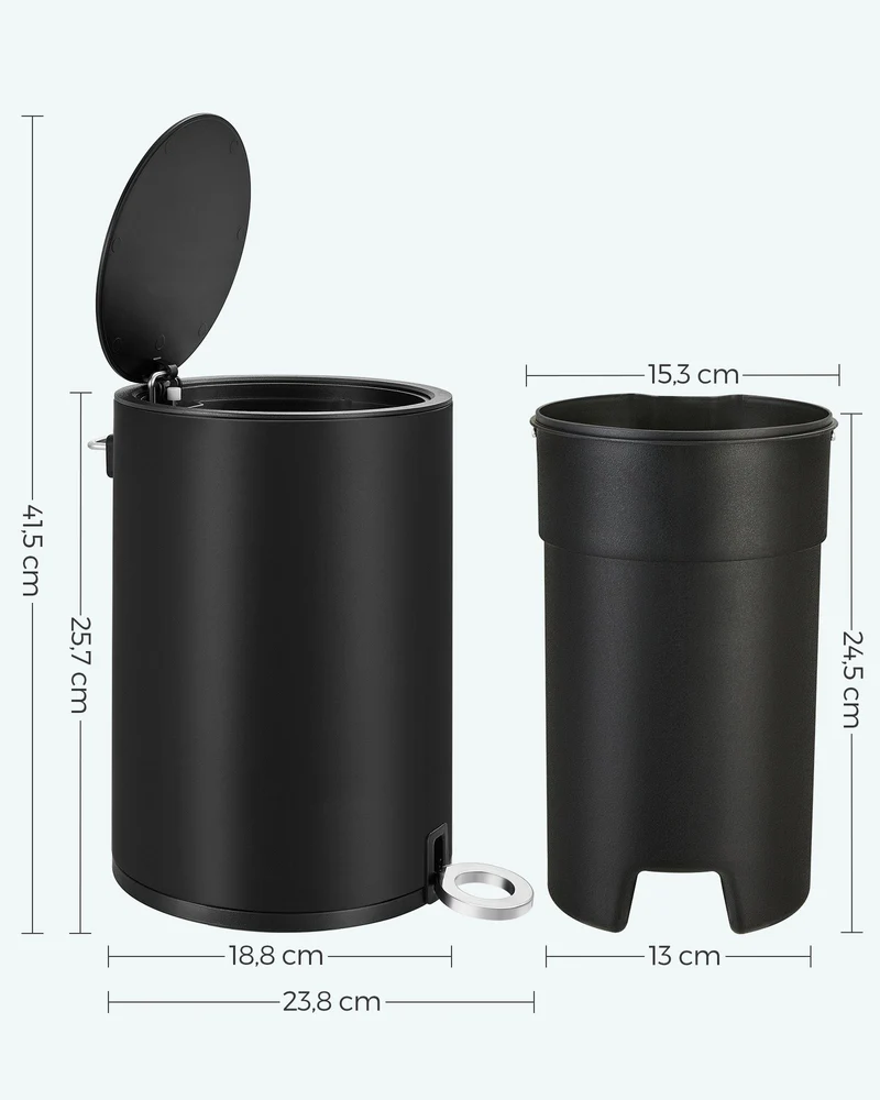 Poubelle avec pédale 23,8 x 18,8 x 25,7 cm pratique pour salle de bain bureau chambre en acier noir 12_0008741
