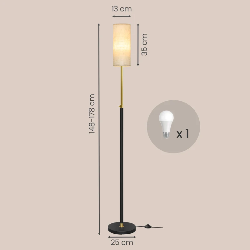 Lampadaire réglable en hauteur 148 x 25 x 25 cm avec interrupteur au pied style moderne déco intérieur en acier noir 12_0012985