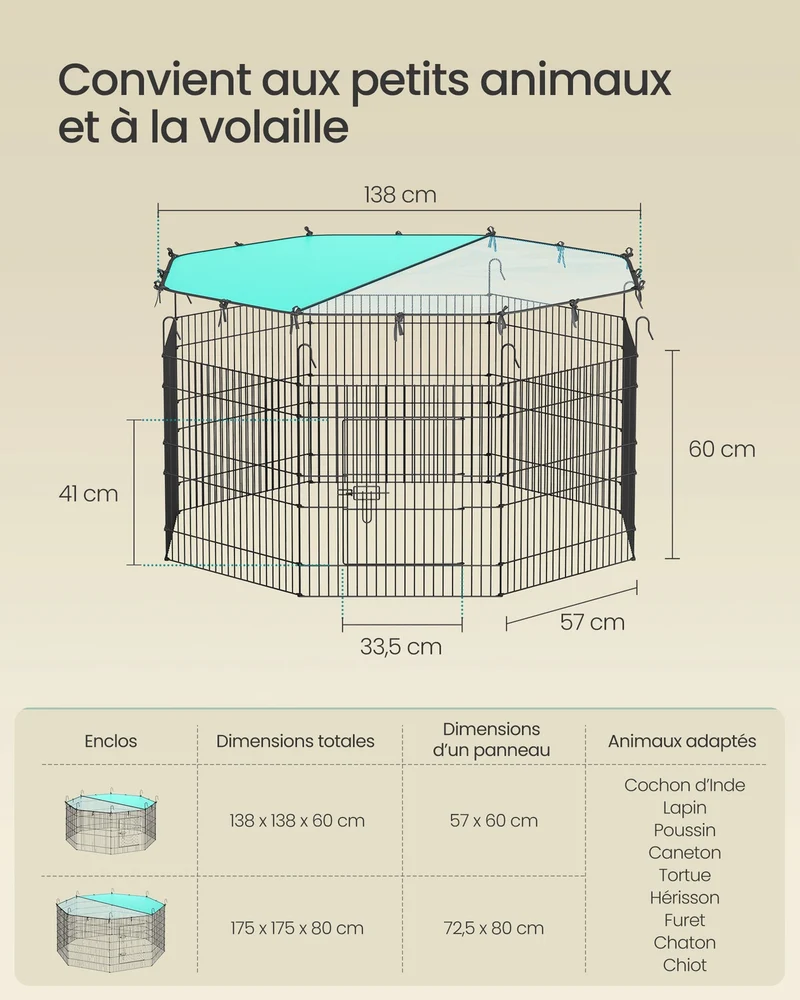 Enclos pour petits animaux octogonal avec toit respirant protection solaire 138 x 138 x 60 cm en acier noir 12_0012297
