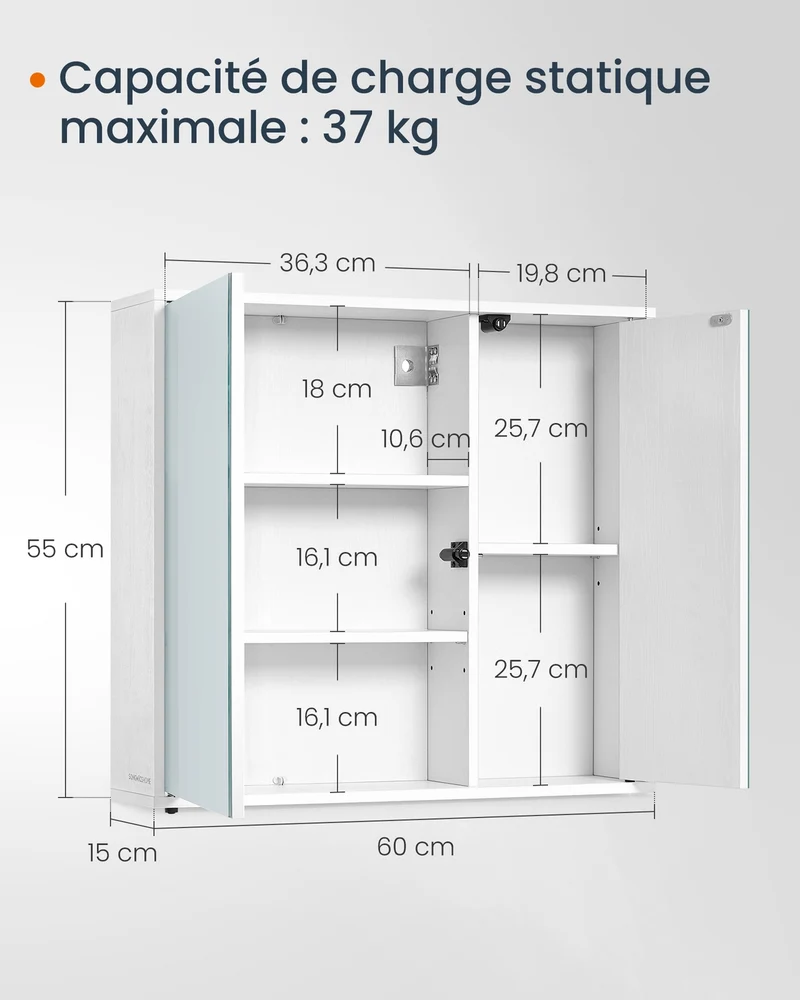 Armoire de salle de bain murale moderne avec miroir 15 x 60 x 55 cm rangement pratique étagères réglables en aggloméré blanc neige 12_0012497